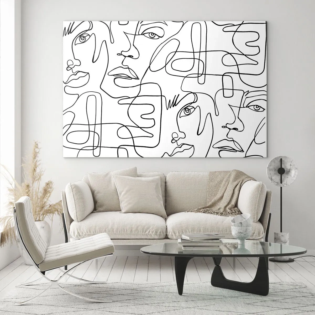 Obraz na skle - Čiernobiela linková grafika tváre - 70x50cm - V spletených emóciách - Moderná nástenná dekorácia do obývacej izby a spálne ARTTOR