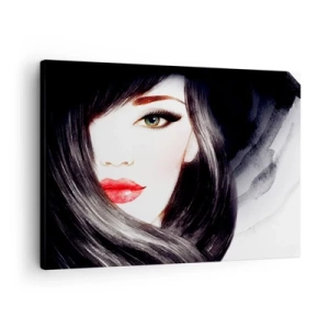 Obraz na plátne - Portrét ženy s výrazným pohľadom a červenými perami - 70x50cm - Zafírový pohľad - Moderná nástenná dekorácia do obývacej izby a spálne ARTTOR