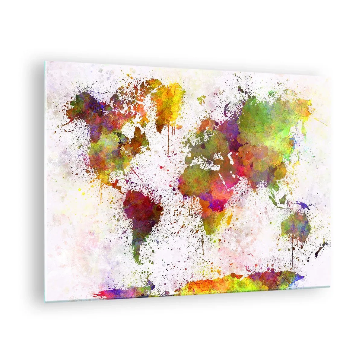 Obraz na skle - Mapa sveta v umeleckom štýle s farebnými špliechmi farby - 70x50cm - Prišlo to nejako samo - Moderná nástenná dekorácia do obývacej izby a spálne ARTTOR