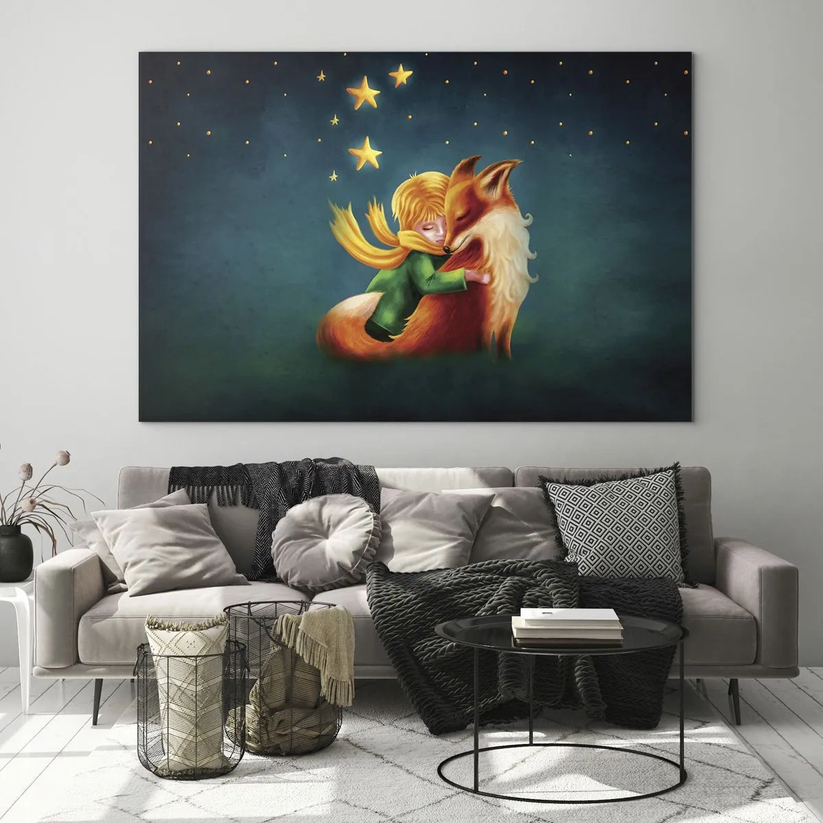 Obraz na skle - Malý princ objíma líšku pod hviezdnou oblohou - 70x50cm - Malý princ - Moderná nástenná dekorácia do obývacej izby a spálne ARTTOR