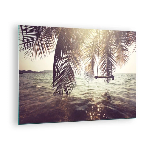 Obraz na skle - Pláž s palmami a hojdačkou nad pokojným morom - 70x50cm - Hojdať sa ľubovoľne v oblakoch - Moderná nástenná dekorácia do obývacej izby a spálne ARTTOR