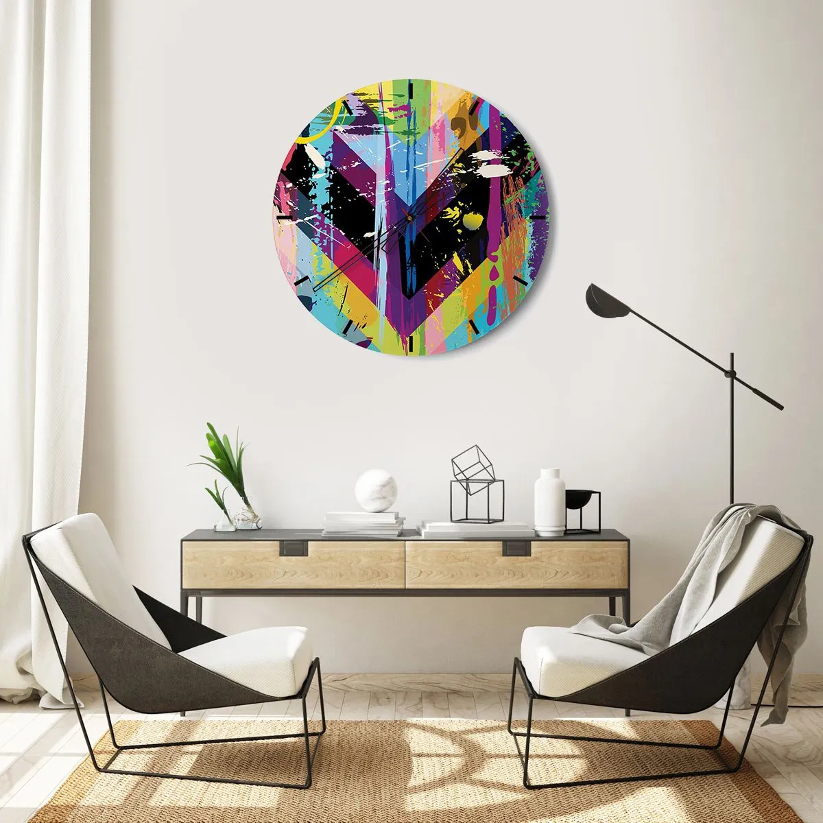 Nástenné hodiny - Ciferník hodín s geometrickým motívom srdca vo viacfarebnom štýle - 30x30cm - Zhora nadol - Moderná nástenná dekorácia do obývacej izby, kuchyne a spálne ARTTOR