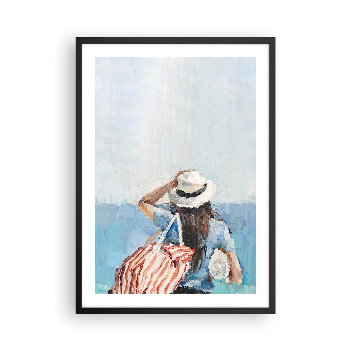 Plagát v čiernom ráme - Žena v klobúku s výhľadom na more - 50x70cm - Vitaj na dovolenke - Moderná nástenná dekorácia do obývacej izby a spálne ARTTOR