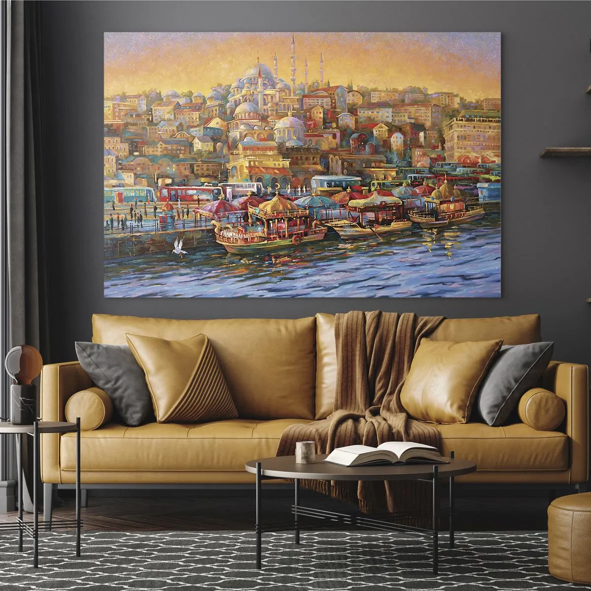 Obraz na skle - Farebný prístav s loďkami a panorámou mesta pri západe slnka - 70x50cm - Istanbulský príbeh - Moderná nástenná dekorácia do obývacej izby a spálne ARTTOR