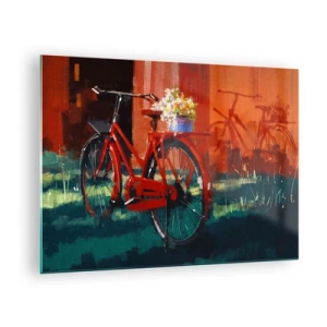 Obraz na skle - Červený bicykel s kvetmi pred červenou budovou - 70x50cm - I want to ride my bicycle - Moderná nástenná dekorácia do obývacej izby a spálne ARTTOR