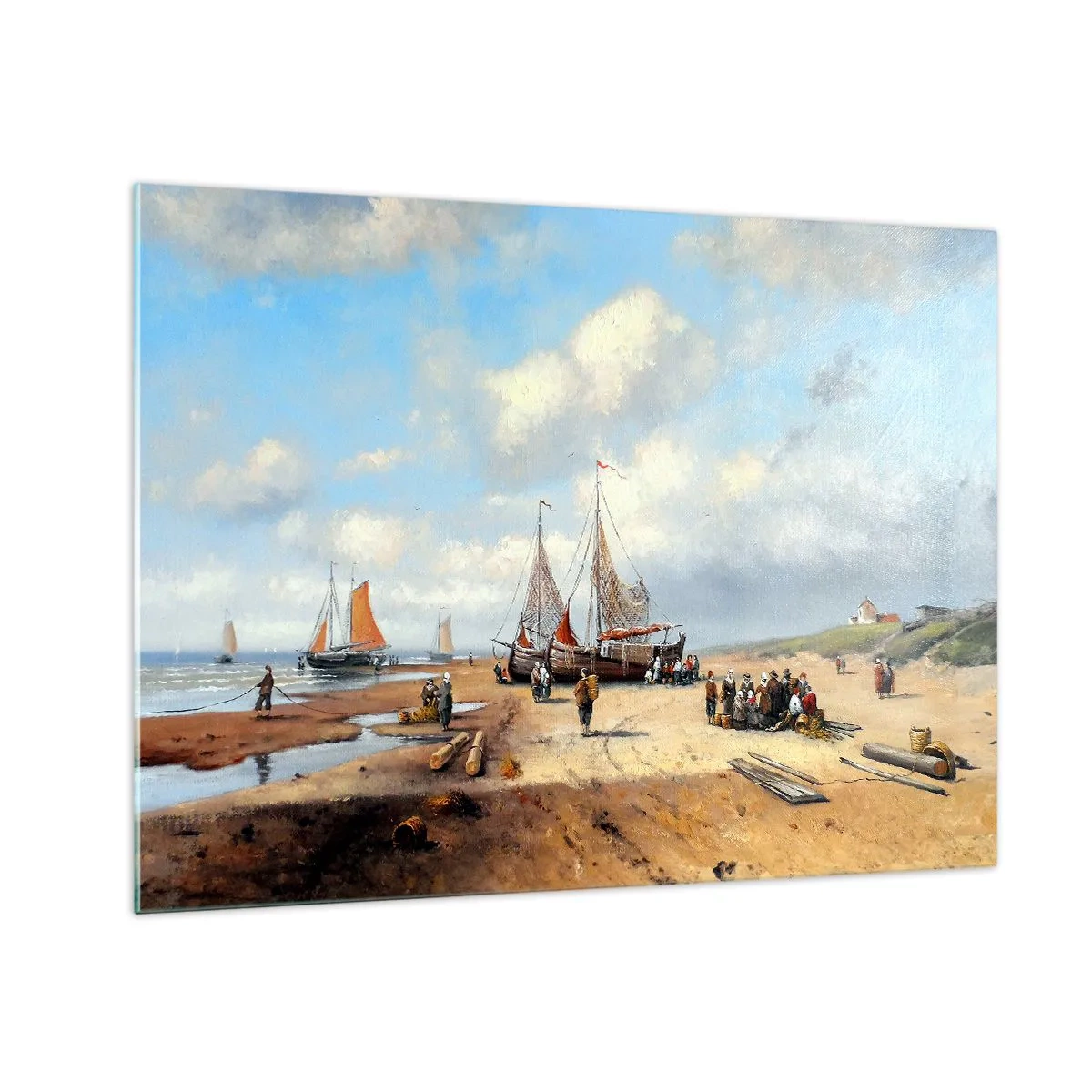 Obraz na skle - Plážová scéna s rybárskymi loďami a ľuďmi, ktorí lovia ryby - 70x50cm - Po úspešnom rybolove - Moderná nástenná dekorácia do obývacej izby a spálne ARTTOR
