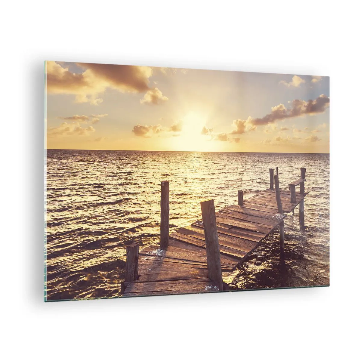 Obraz na skle - Drevené mólo na pozadí zapadajúceho slnka - 70x50cm - Zlatá krajina láskavosti - Moderná nástenná dekorácia do obývacej izby a spálne ARTTOR