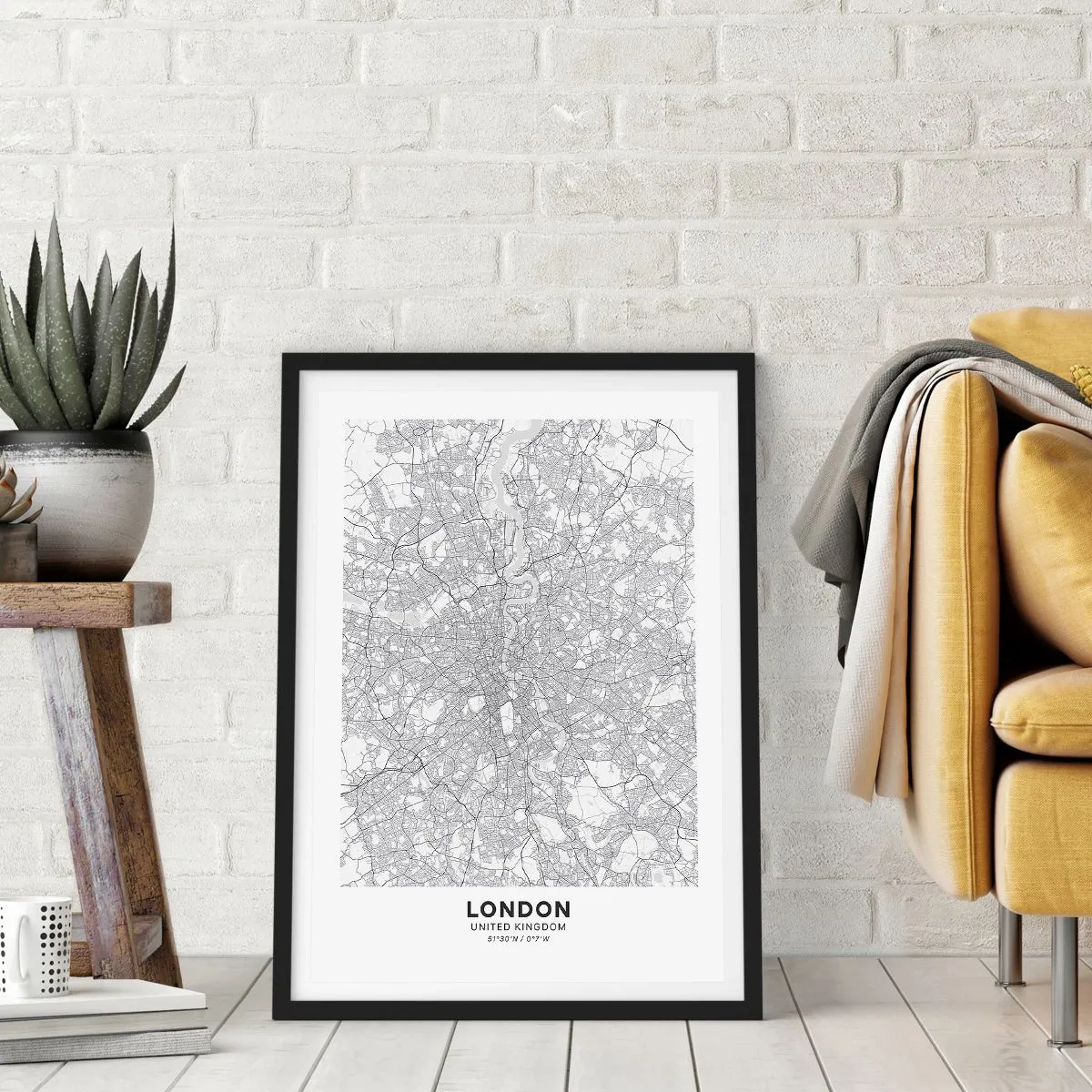 Plagát v čiernom ráme - Čiernobiela mapa Londýna s presnými detailmi ulíc - 50x70cm - Mapa londýnskeho labyrintu - Moderná nástenná dekorácia do obývacej izby a spálne ARTTOR