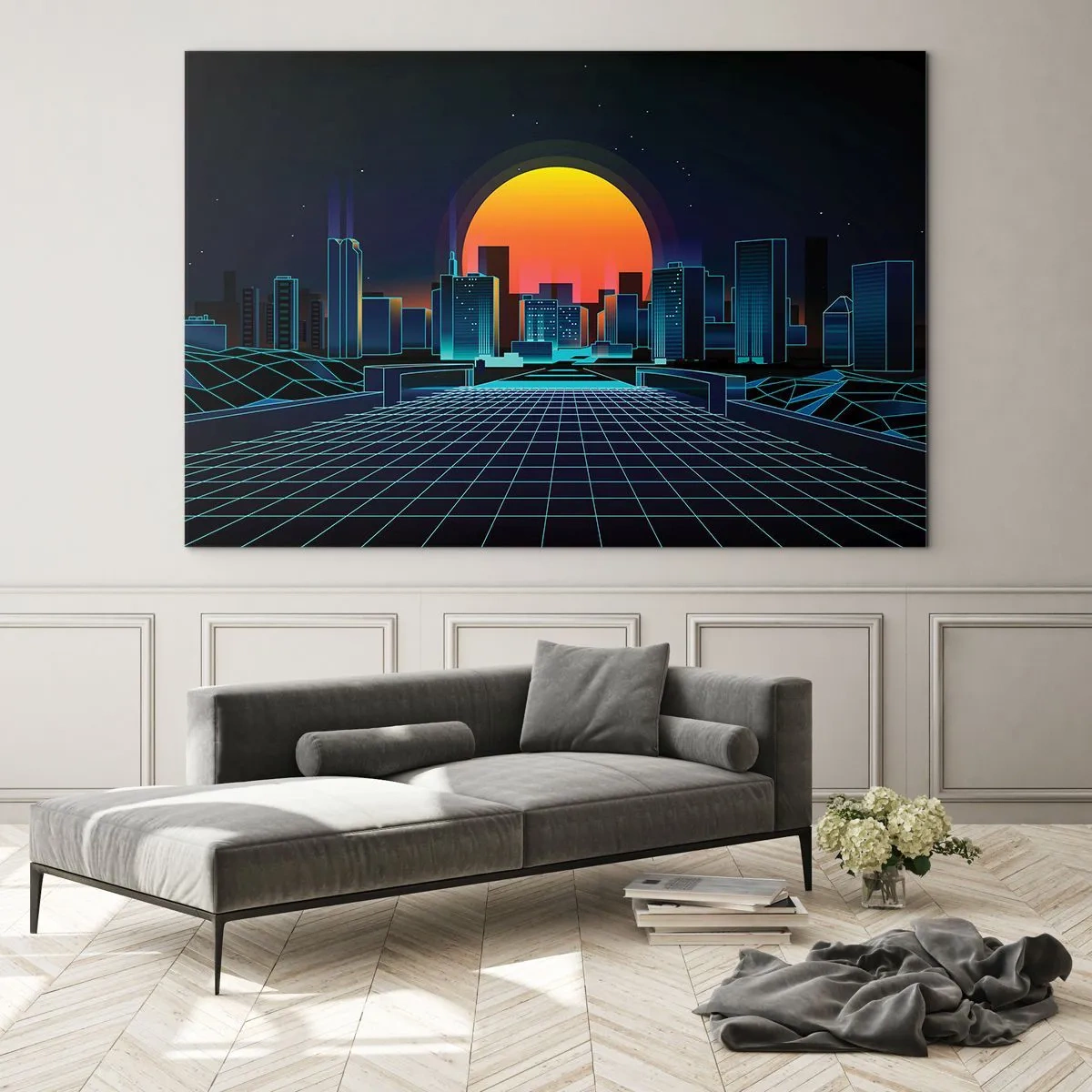 Obraz na skle - Futuristická panoráma mesta so západom slnka - 70x50cm - Stále chcete do reálu? - Moderná nástenná dekorácia do obývacej izby a spálne ARTTOR