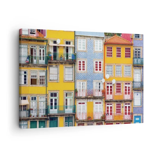Obraz na plátne - Farebné fasády činžiakov v mestskej krajine - 70x50cm - Farby starého mesta - Moderná nástenná dekorácia do obývacej izby a spálne ARTTOR