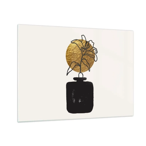 Obraz na skle - Minimalistická grafika s kvetom v zlatom kruhu a čiernou vázou - 70x50cm - Krása, ktorá má cenu zlata - Moderná nástenná dekorácia do obývacej izby a spálne ARTTOR