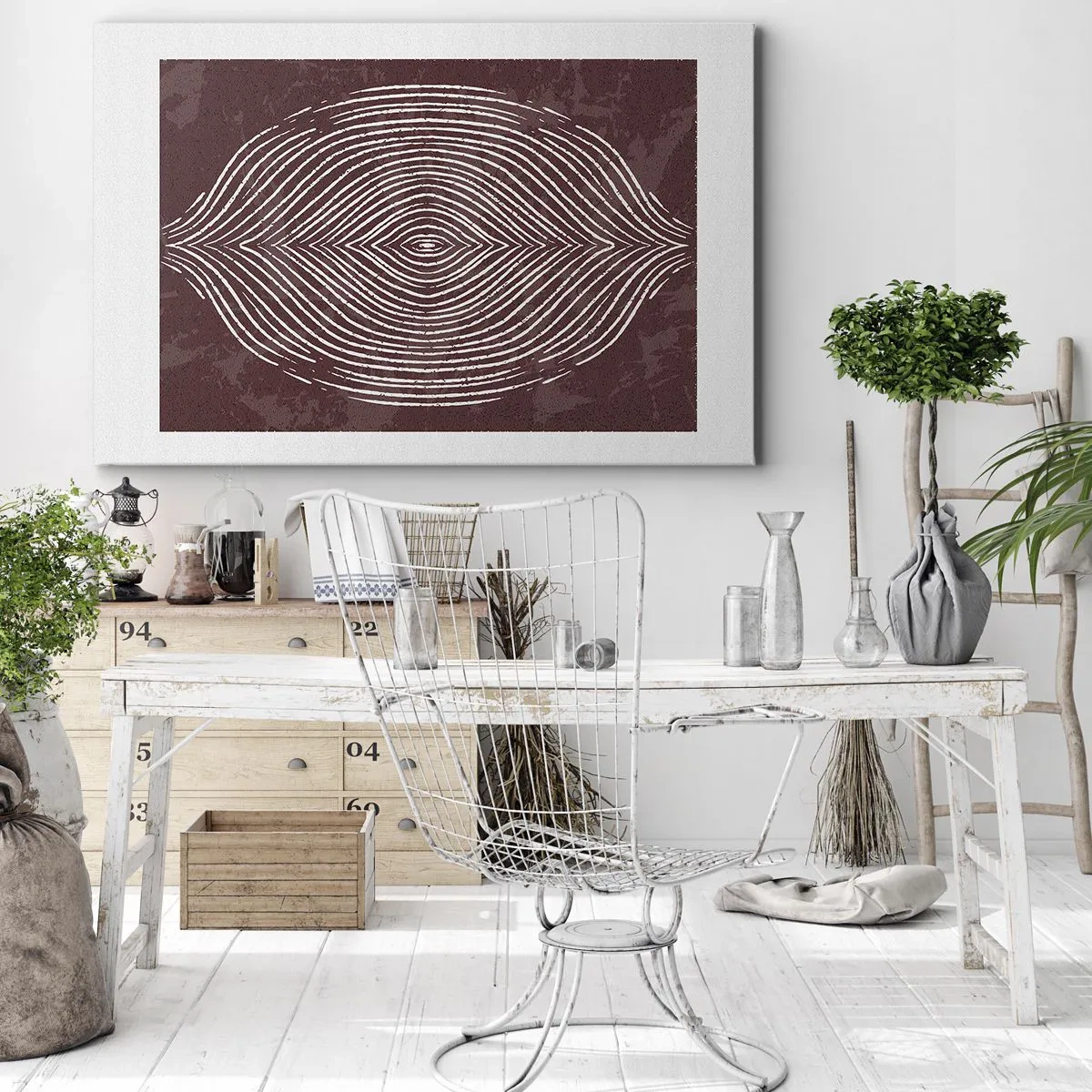 Obraz na plátne - Symetrické vlny v bielych čiarach na hnedom pozadí - 70x50cm - Priestor hovorí - Moderná nástenná dekorácia do obývacej izby a spálne ARTTOR