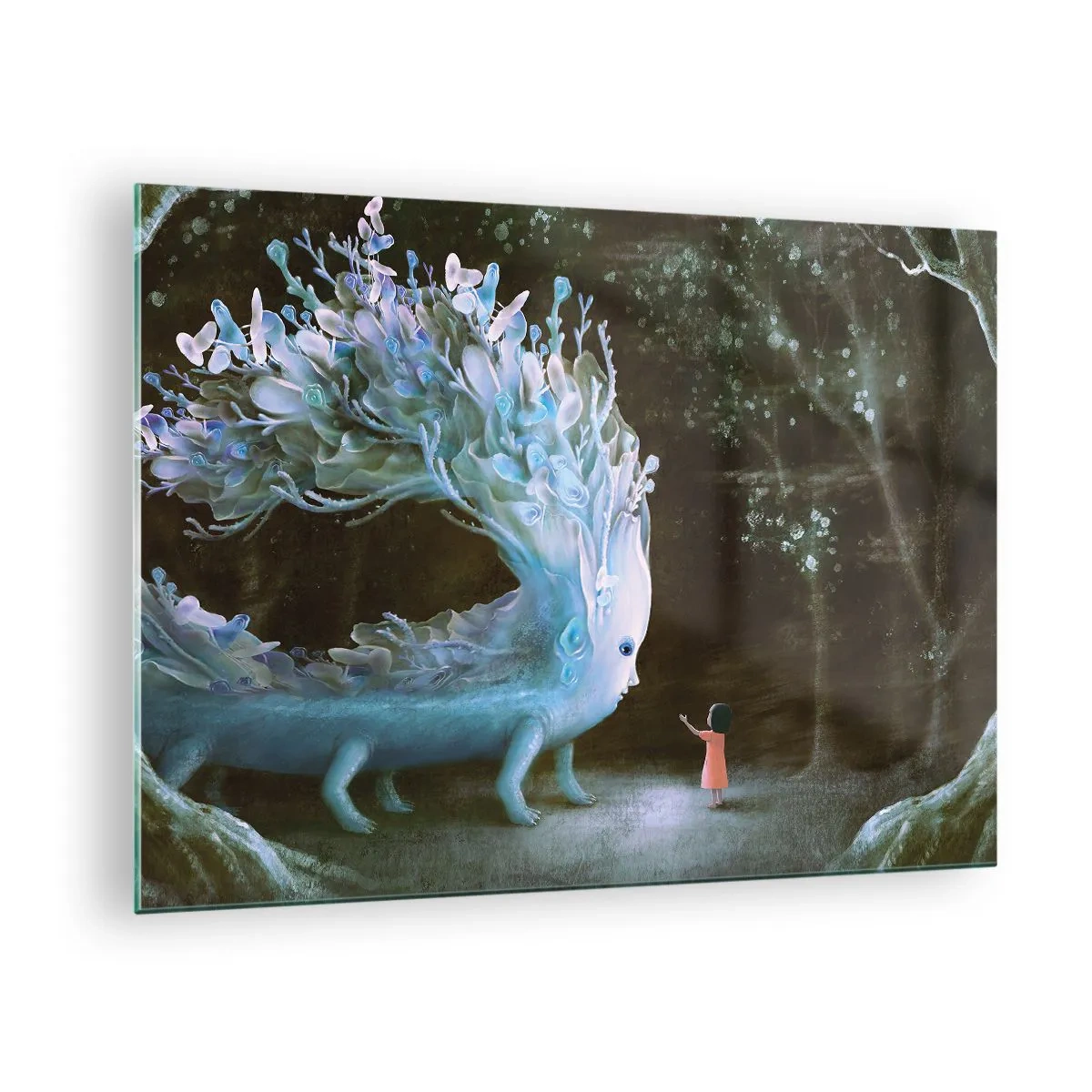 Obraz na skle - Dievča stretne v lese magického tvora. - 70x50cm - Fantastické stretnutie - Moderná nástenná dekorácia do obývacej izby a spálne ARTTOR
