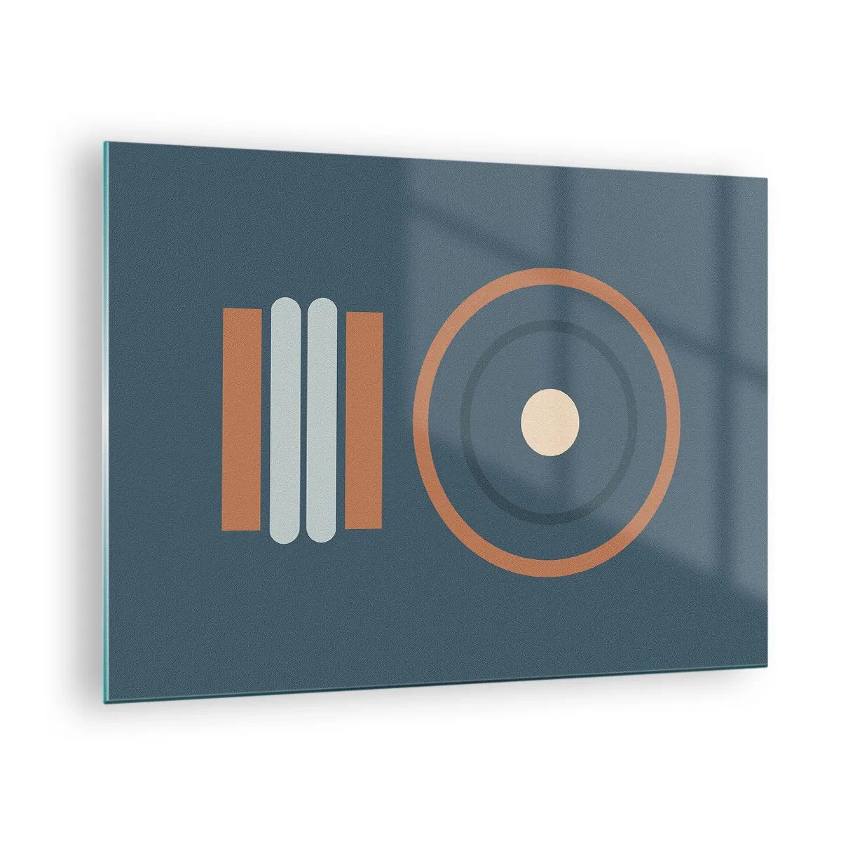 Obraz na skle - Abstraktné geometrické tvary v tlmených farbách s kruhmi a čiarami - 70x50cm - Podstata vecí - Moderná nástenná dekorácia do obývacej izby a spálne ARTTOR