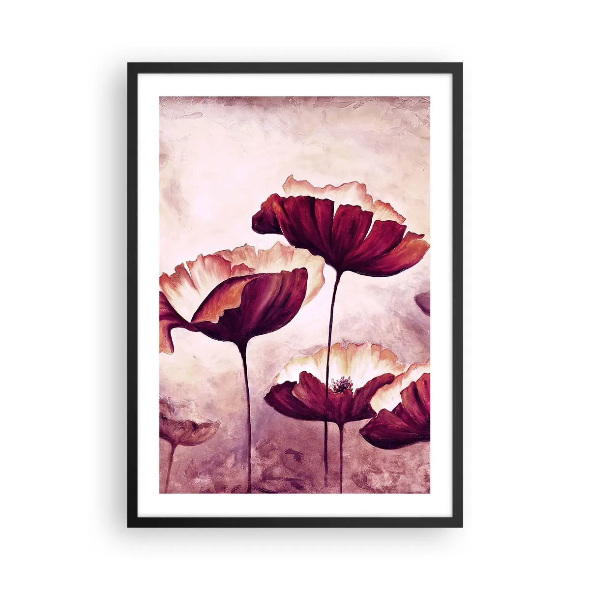 Plagát v čiernom ráme - Malebné vlčie maky na jemnom pastelovom pozadí - 50x70cm - Červený a biely plátok - Moderná nástenná dekorácia do obývacej izby a spálne ARTTOR