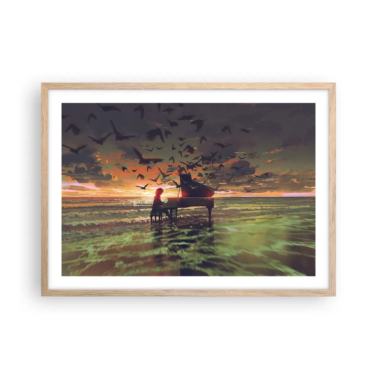 Plagát v ráme zo svetlého duba - Koncert na piano a vlny - 70x50 cm
