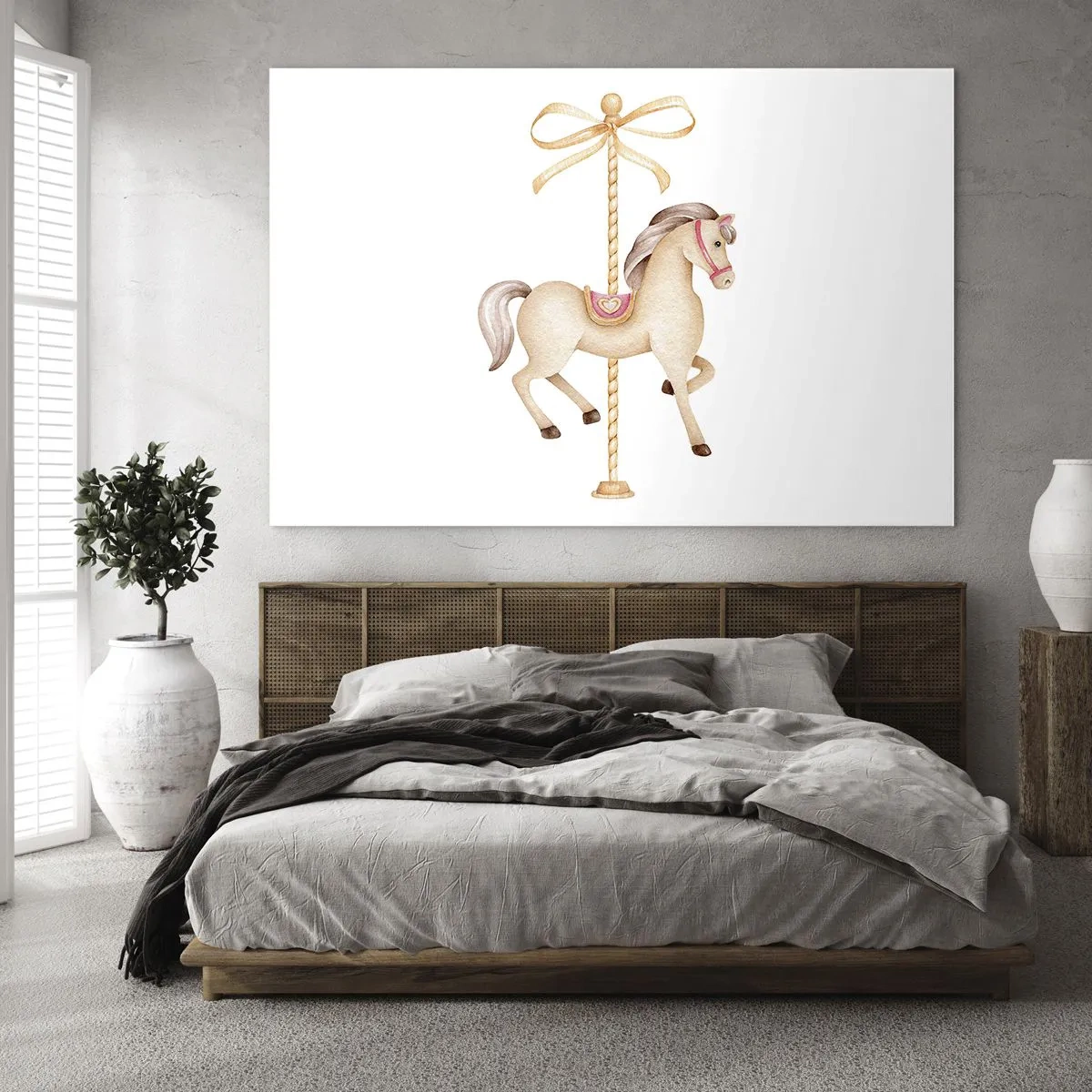 Obraz na skle - Béžový kolotočový kôň s mašľou na bielom pozadí - 70x50cm - Elegantným klusom - Moderná nástenná dekorácia do obývacej izby a spálne ARTTOR