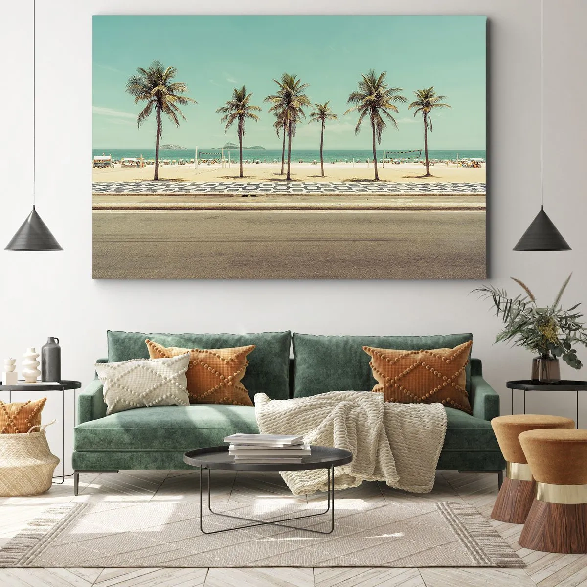 Obraz na plátne - Palmy na pláži s výhľadom na more a modrú oblohu - 70x50cm - Stráženie pláže - Moderná nástenná dekorácia do obývacej izby a spálne ARTTOR