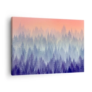 Obraz na plátne - Hmlistý les v odtieňoch fialovej a oranžovej - 70x50cm - Vysoko, vyššie, do neba - Moderná nástenná dekorácia do obývacej izby a spálne ARTTOR
