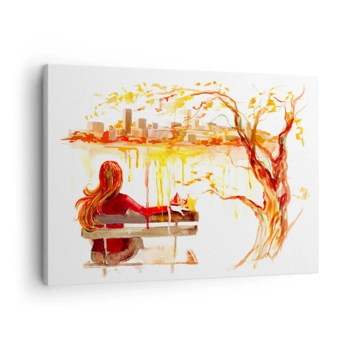 Obraz na plátne - Akvarelová scéna ženy na lavičke s výhľadom na mesto - 70x50cm - Okamih zamyslenia - Moderná nástenná dekorácia do obývacej izby a spálne ARTTOR