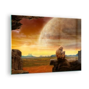 Obraz na skle - Opice sediace na skale s obrovským mesiacom v pozadí - 70x50cm - Láska je všade rovnaká - Moderná nástenná dekorácia do obývacej izby a spálne ARTTOR