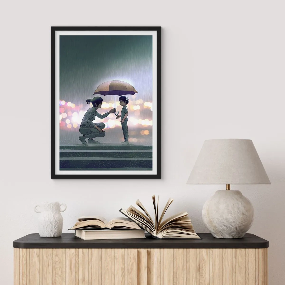 Plagát v čiernom ráme - Dospelý podáva dieťaťu dáždnik na daždivom pozadí - 50x70cm - A všetko je v poriadku - Moderná nástenná dekorácia do obývacej izby a spálne ARTTOR