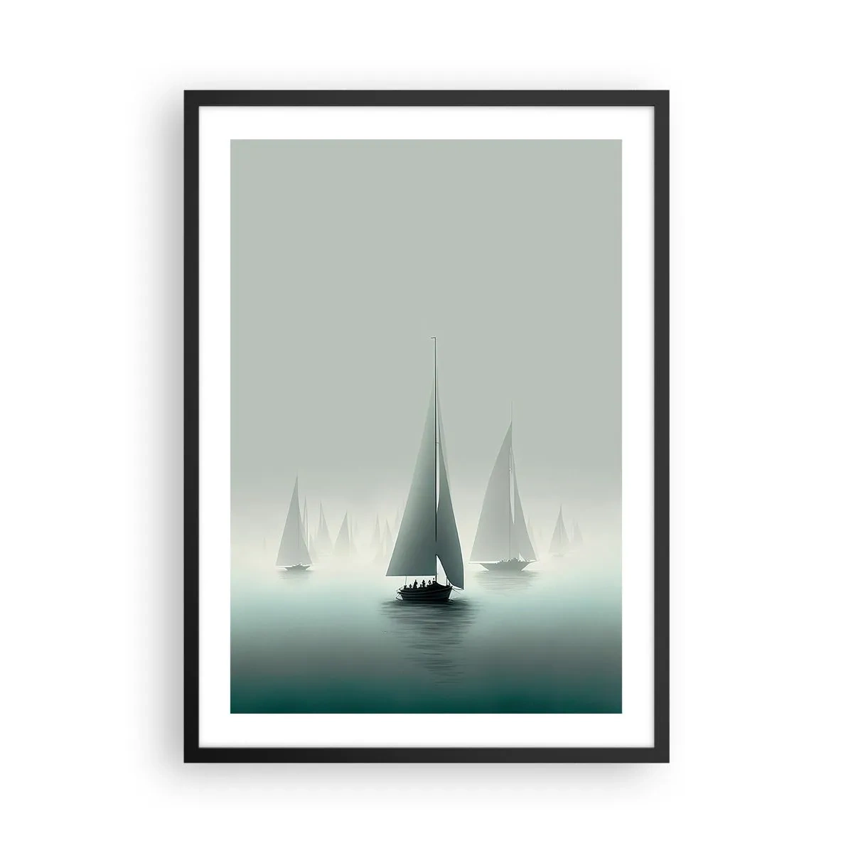 Plagát v čiernom ráme - Skupina plachetníc plaviacich sa po hmlistom mori, obklopených pokojnými vodami. - 50x70cm - Postavený z hmly - Moderná nástenná dekorácia do obývacej izby a spálne ARTTOR