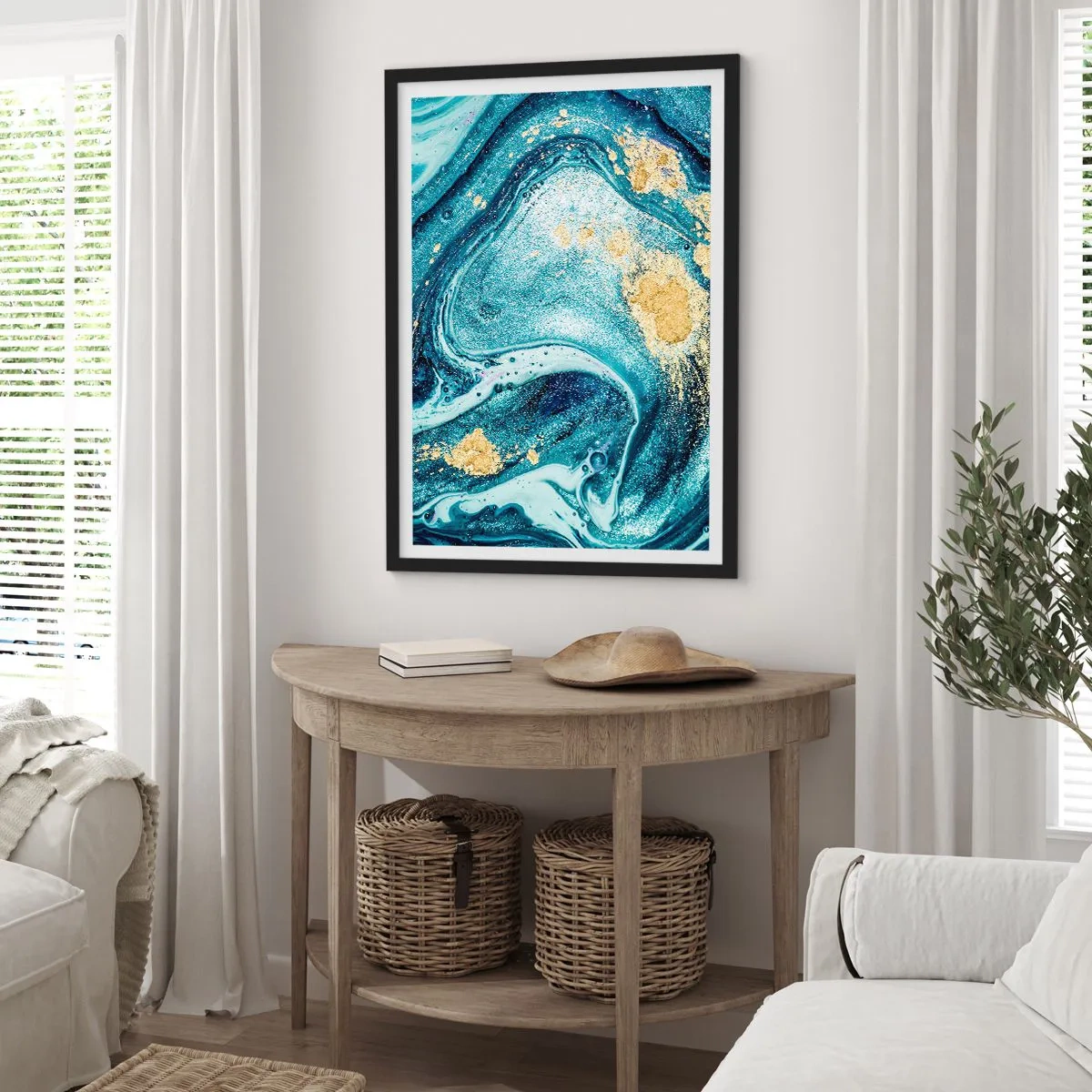 Plagát v čiernom ráme - Abstraktný vzor s odtieňmi modrej a zlatej - 50x70cm - Modrý vír - Moderná nástenná dekorácia do obývacej izby a spálne ARTTOR