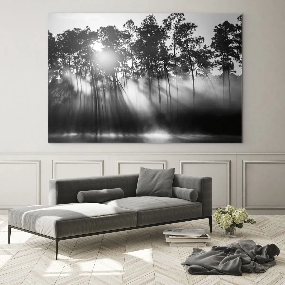 Obraz na skle - Čiernobiele stromy v lese so slnečnými lúčmi v opare - 70x50cm - Nezastaviteľné slnko - Moderná nástenná dekorácia do obývacej izby a spálne ARTTOR