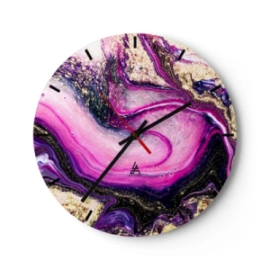 Nástenné hodiny - Abstraktný vzor v odtieňoch fialovej a zlatej s vírivým motívom. - 30x30cm - Okamih v zákulisí - Moderná nástenná dekorácia do obývacej izby, kuchyne a spálne ARTTOR