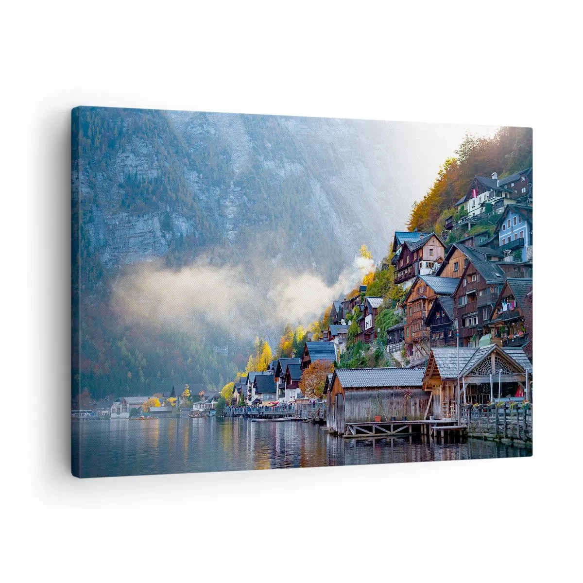 Obraz na plátne - Horská dedinka pri jazere v jesennej scenérii - 70x50cm - Alpská krajina - Moderná nástenná dekorácia do obývacej izby a spálne ARTTOR