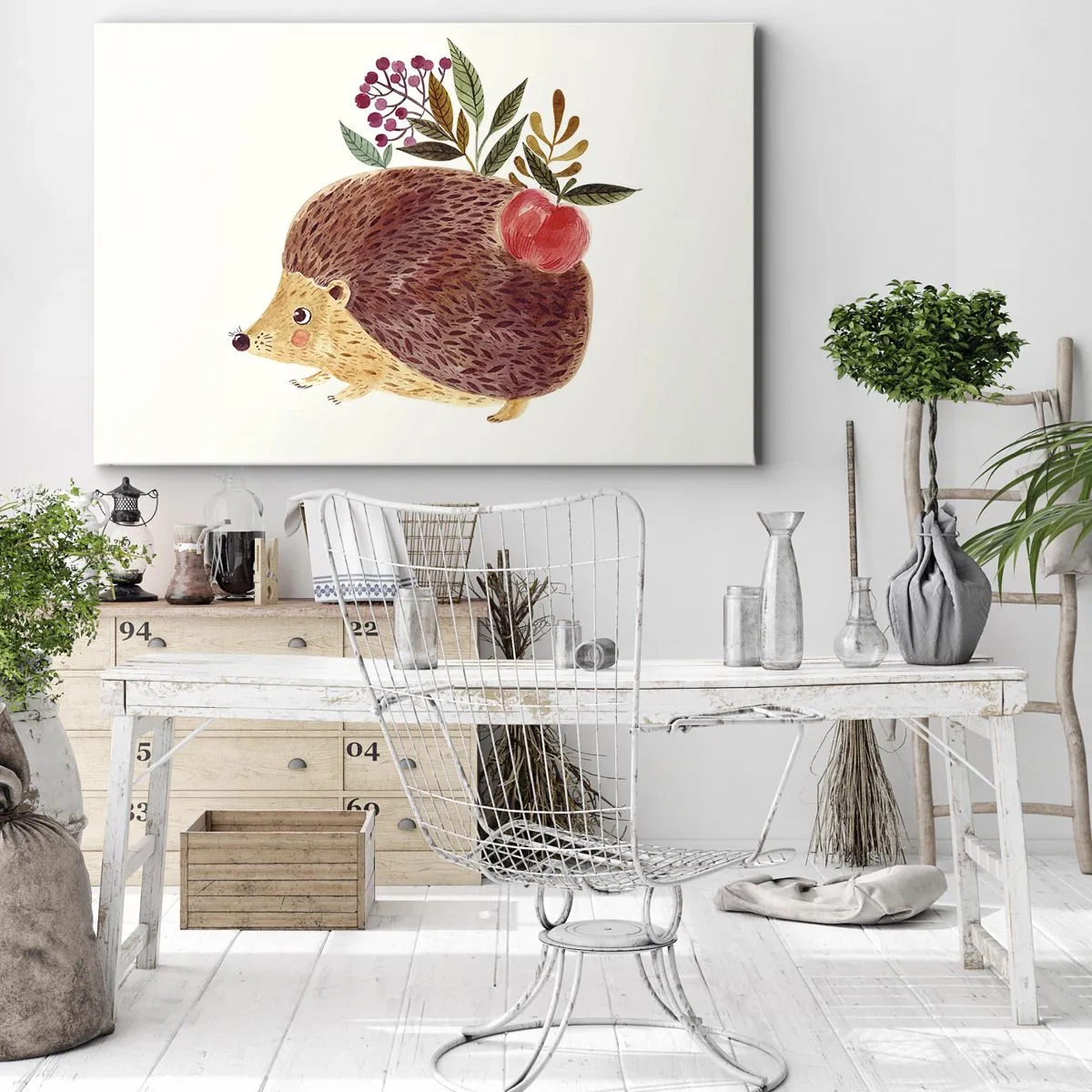 Obraz na plátne - Roztomilý ježko s jablkom a rastlinami v ilustračnom štýle - 70x50cm - A už ma máš rád - Moderná nástenná dekorácia do obývacej izby a spálne ARTTOR