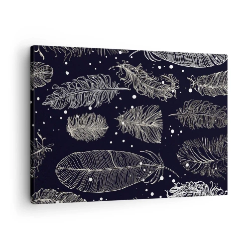 Obraz na plátne - Jemné biele pierka na tmavomodrom pozadí - 70x50cm - Čipka s perím - Moderná nástenná dekorácia do obývacej izby a spálne ARTTOR