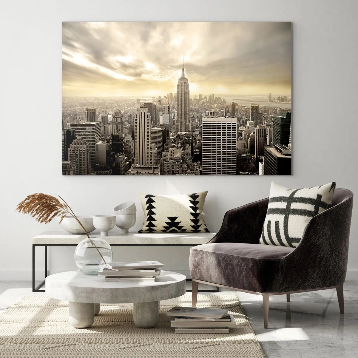 Obraz na skle - Panoráma mesta s mrakodrapmi a Empire State Building - 70x50cm - New York utkaný zo šedej - Moderná nástenná dekorácia do obývacej izby a spálne ARTTOR