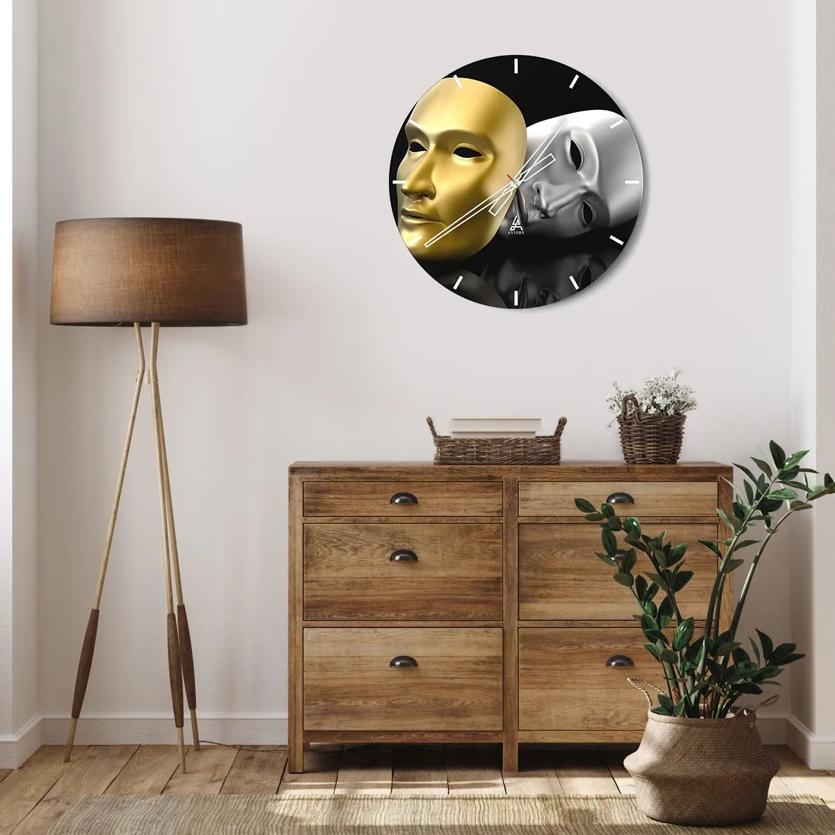 Nástenné hodiny - Zlatá a strieborná divadelná maska na čiernom pozadí - 30x30cm - Život je divadlo - Moderná nástenná dekorácia do obývacej izby, kuchyne a spálne ARTTOR