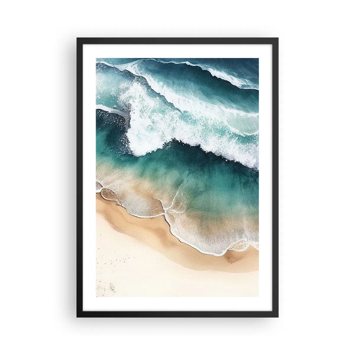 Plagát v čiernom ráme - Morské vlny narážajúce na pláž - 50x70cm - Odveké stretnutie - Moderná nástenná dekorácia do obývacej izby a spálne ARTTOR