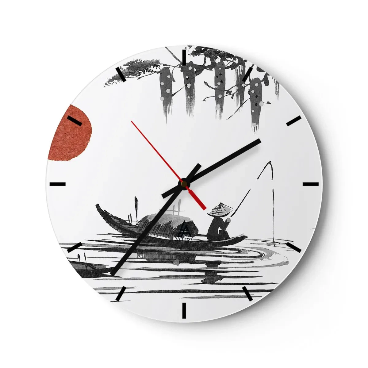 Nástenné hodiny - Tradičná ilustrácia rybára v člne proti červenému slnku - 30x30cm - Ázijské popoludnie - Moderná nástenná dekorácia do obývacej izby, kuchyne a spálne ARTTOR