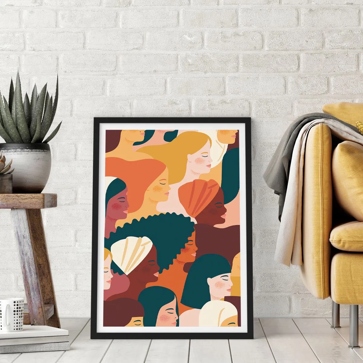 Plagát v čiernom ráme - Farebná grafika zobrazujúca ženské profily - 50x70cm - Iba ženskosť - Moderná nástenná dekorácia do obývacej izby a spálne ARTTOR