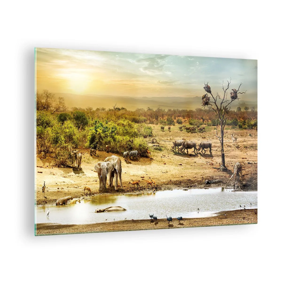 Obraz na skle - Slony a zvieratá pri napájadle na pozadí africkej krajiny - 70x50cm - „Z raja opäť pramenila rieka…“ - Moderná nástenná dekorácia do obývacej izby a spálne ARTTOR