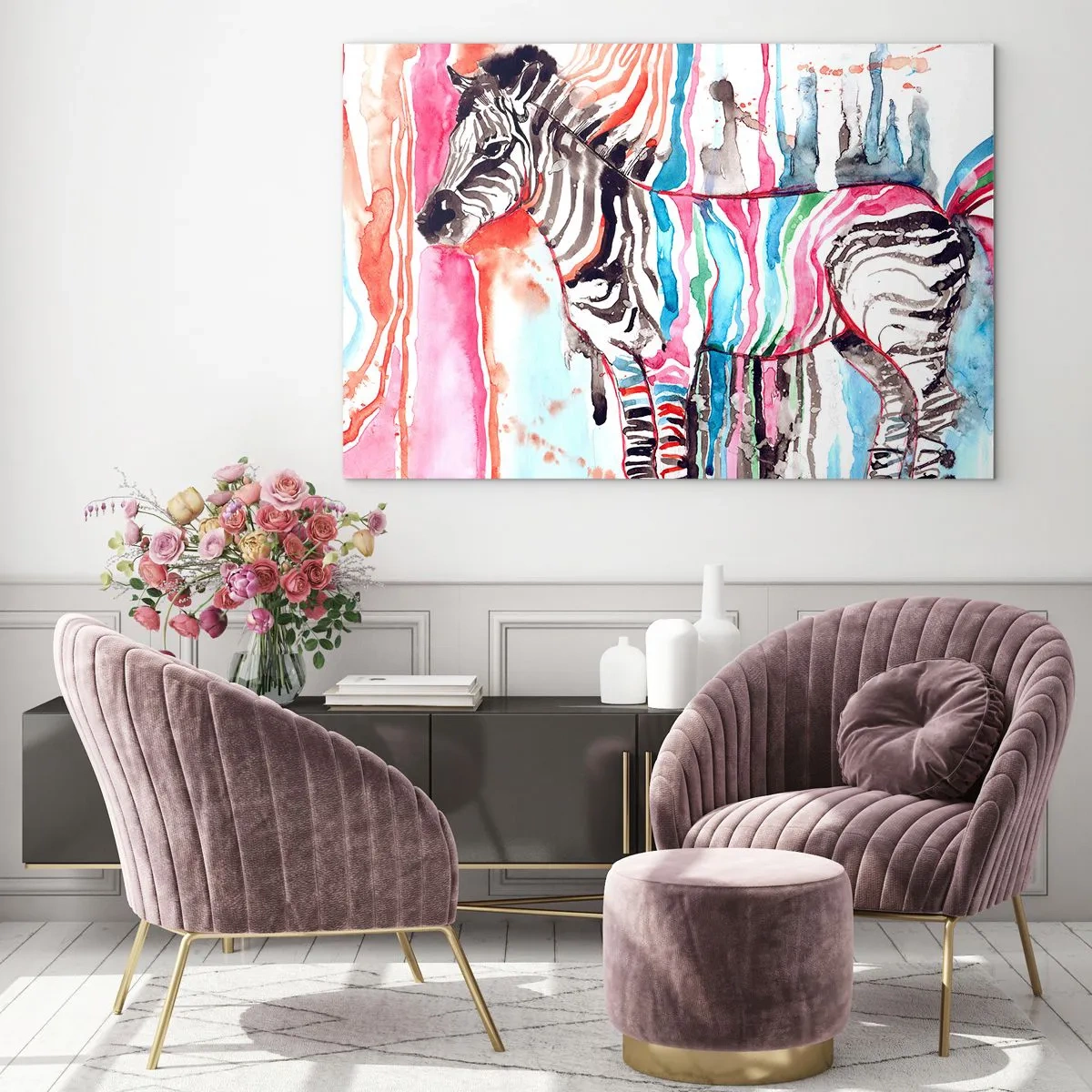 Obraz na skle - Farebná zebra v akvarelovom štýle - 70x50cm - Bezstarostný vtip prírody - Moderná nástenná dekorácia do obývacej izby a spálne ARTTOR