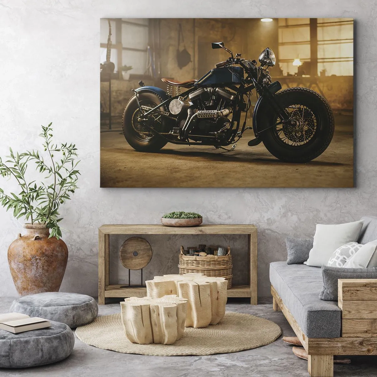 Obraz na plátne - Štýlový motocykel v industriálnom interiéri s teplým osvetlením - 70x50cm - Môžem všetko - Moderná nástenná dekorácia do obývacej izby a spálne ARTTOR