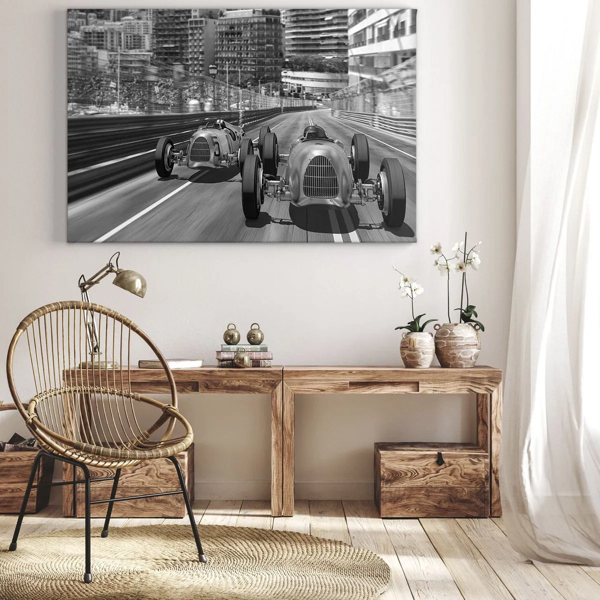 Obraz na plátne - Monochromatická scéna retro automobilových pretekov - 70x50cm - Kedysi dávno v Monte Carle - Moderná nástenná dekorácia do obývacej izby a spálne ARTTOR