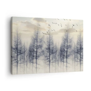 Obraz na plátne - Hmlistý les s vtákmi na pozadí západu slnka - 70x50cm - Duchovia lesa - Moderná nástenná dekorácia do obývacej izby a spálne ARTTOR