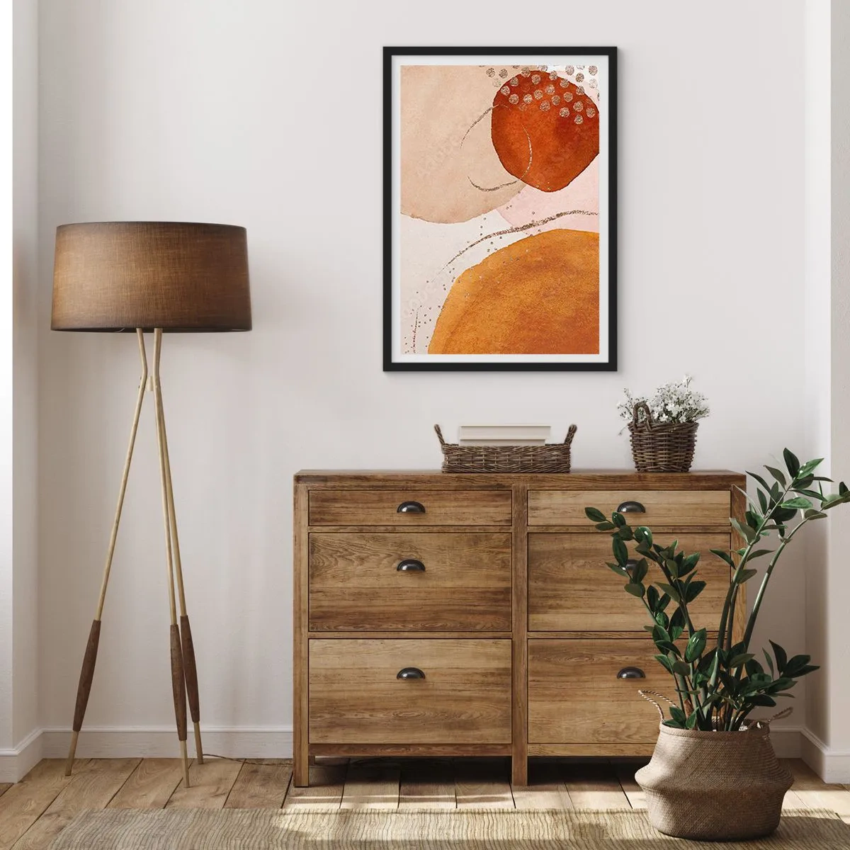 Plagát v čiernom ráme - Abstraktné tvary v odtieňoch béžovej, hnedej a zlatej - 50x70cm - Zaoblenie a pohyb - Moderná nástenná dekorácia do obývacej izby a spálne ARTTOR