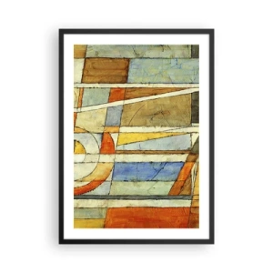 Plagát v čiernom ráme - Geometrické vzory v odtieňoch oranžovej a modrej - 50x70cm - Kubizmus na stavbe - Moderná nástenná dekorácia do obývacej izby a spálne ARTTOR