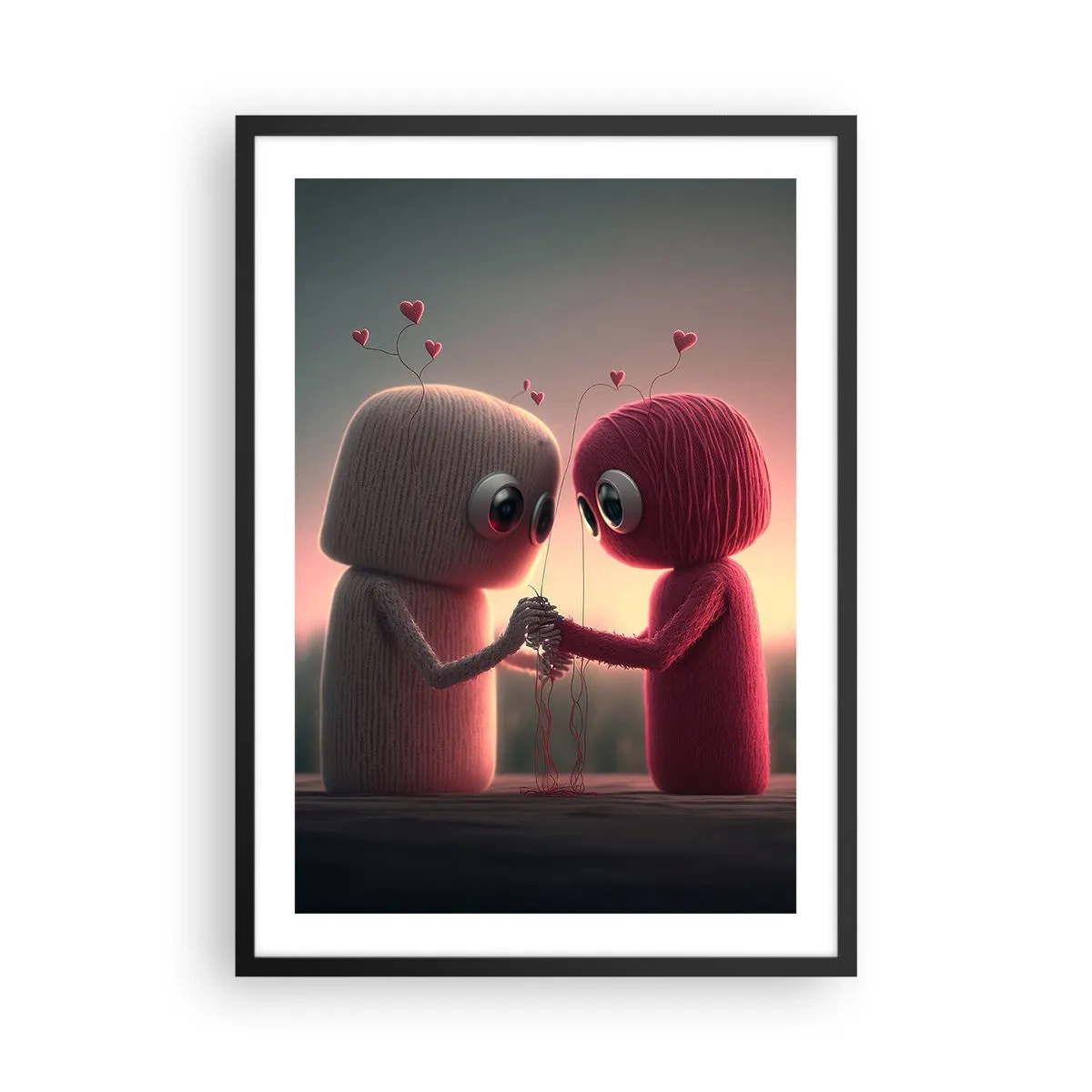 Plagát v čiernom ráme - Rozkošné postavičky z priadze držiace sa za ruky - 50x70cm - Každý môže milovať - Moderná nástenná dekorácia do obývacej izby a spálne ARTTOR