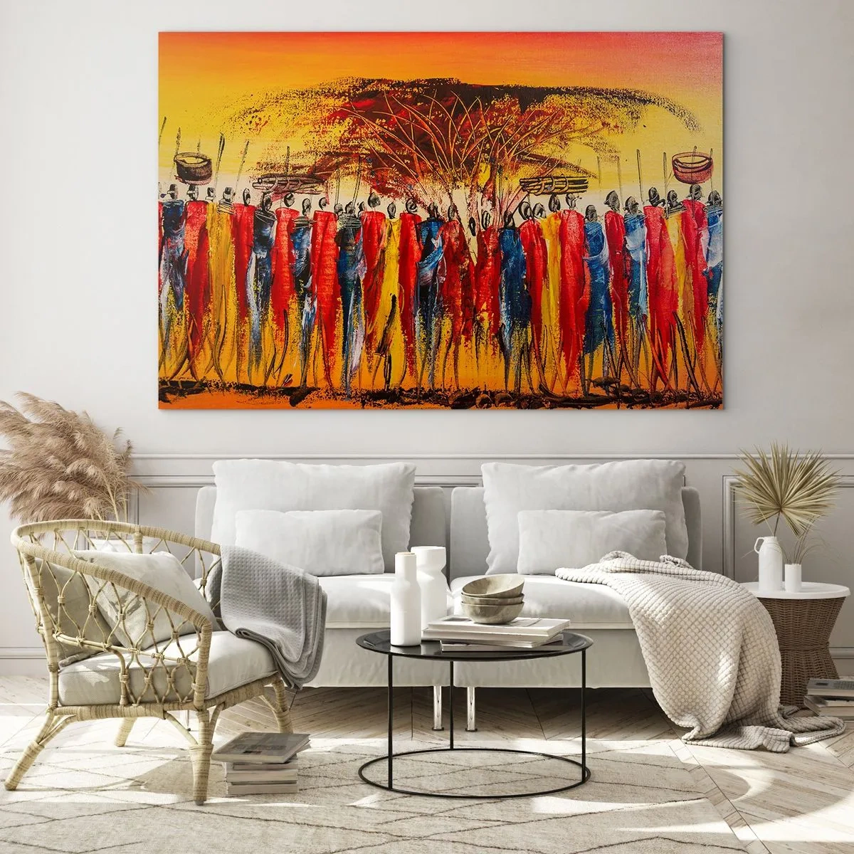 Obraz na skle - Farebná scéna s ľuďmi v tradičných afrických kostýmoch - 70x50cm - Tam, tam, tam, tam idú - Moderná nástenná dekorácia do obývacej izby a spálne ARTTOR