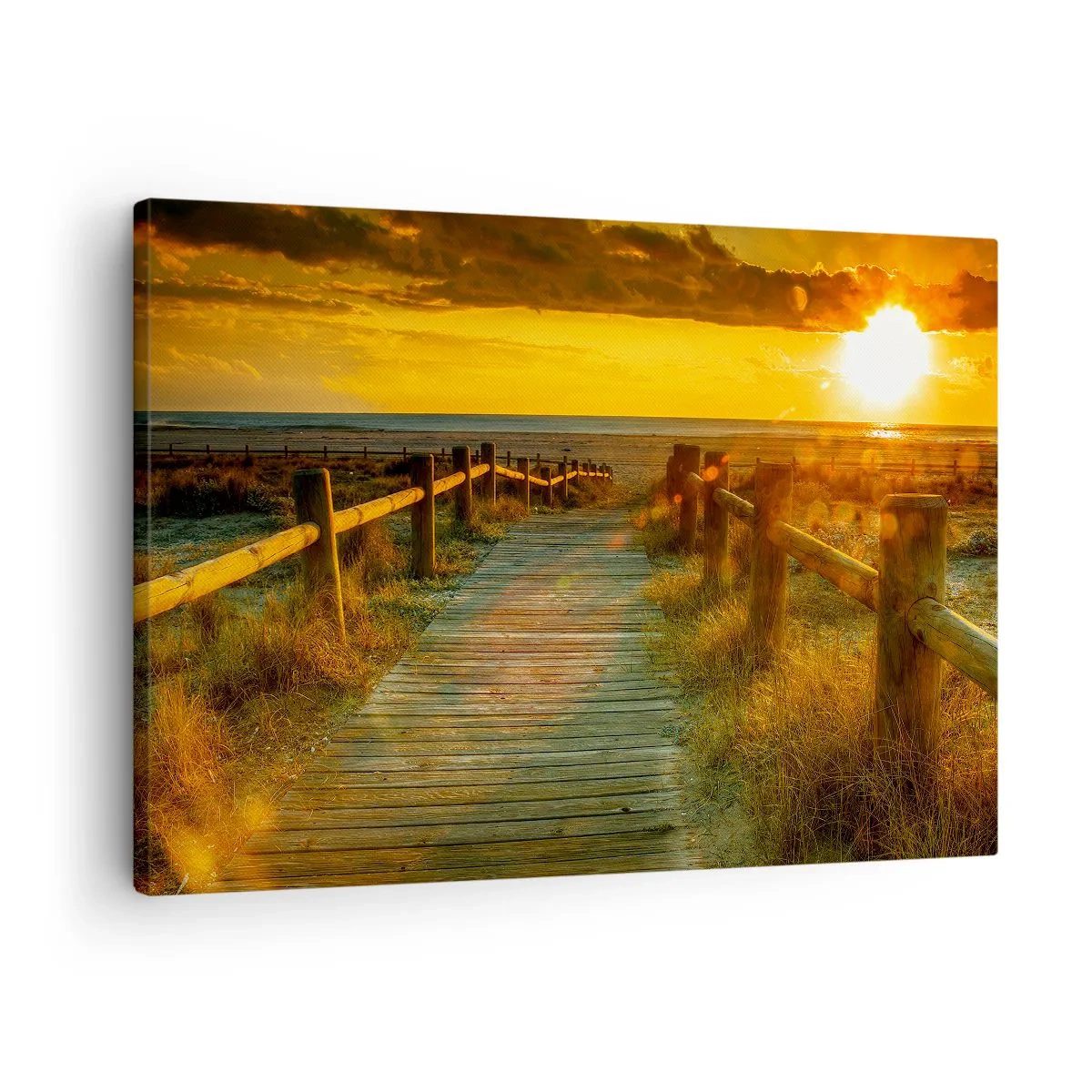 Obraz na plátne - Drevený chodník vedúci na pláž v žiari zapadajúceho slnka - 70x50cm - Vykúpané v starom zlate - Moderná nástenná dekorácia do obývacej izby a spálne ARTTOR