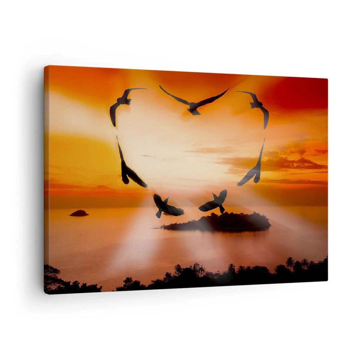 Obraz na plátne - Vtáky tvoriace srdce na pozadí zapadajúceho slnka - 70x50cm - Miluj svet ako vtáky - Moderná nástenná dekorácia do obývacej izby a spálne ARTTOR