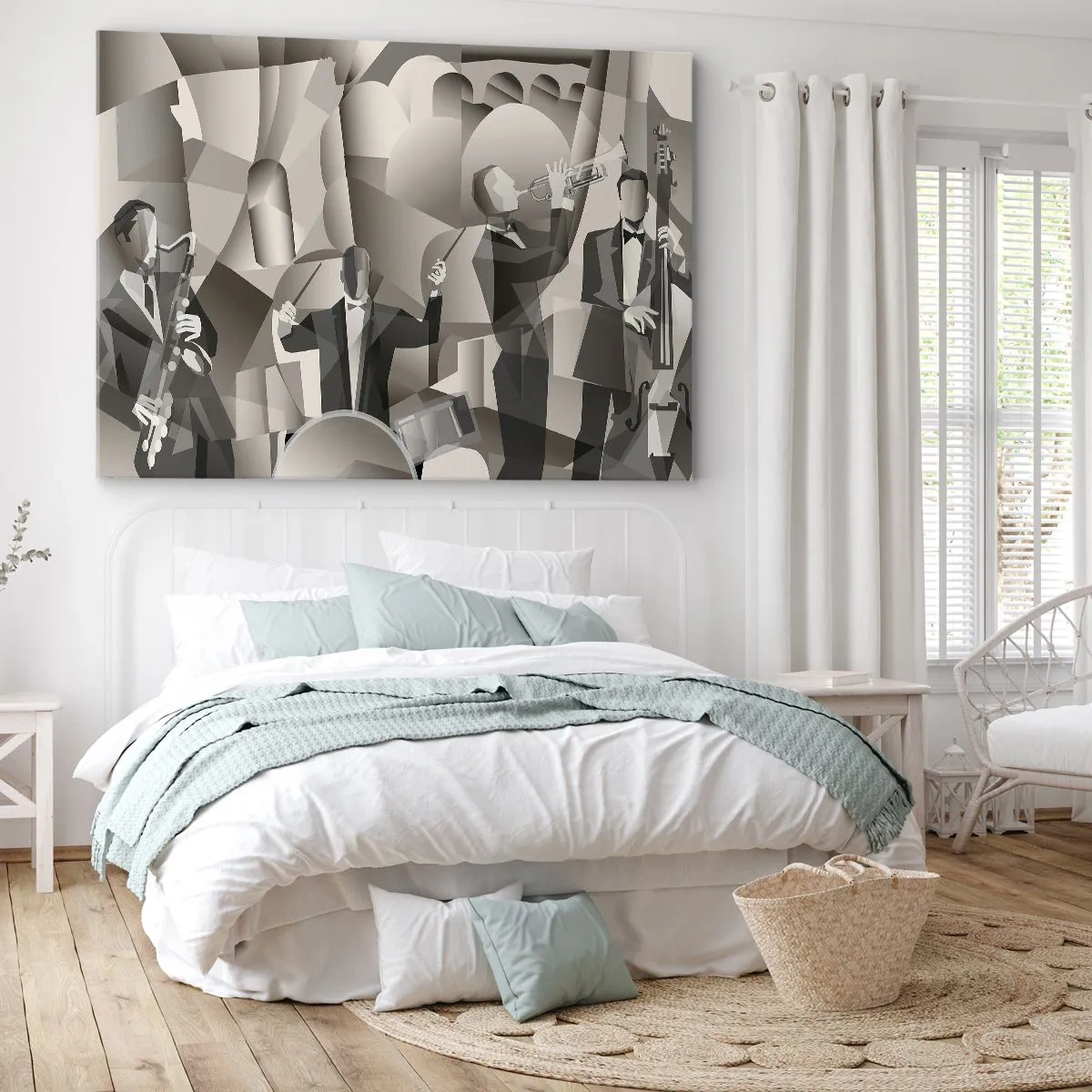 Obraz na plátne - Abstraktná scéna s jazzovými hudobníkmi v odtieňoch sivej. - 70x50cm - V priestore zvukov - Moderná nástenná dekorácia do obývacej izby a spálne ARTTOR